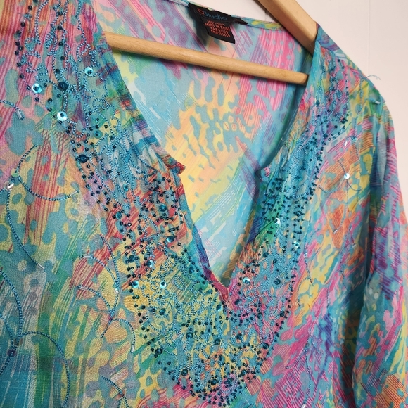 100% Silk DStudio Sheer Tunic Swim Cover-Up Top Boho Bohemian Summer Beaded - Picture 2 of 9